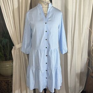 White & baby blue plaid prairie dress Dorothy style lightweight cool loose fit S